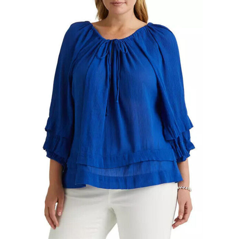 Lauren Ralph Petite Ruffle Trim Crinkle Cotton Top Sapphire LP Large Petite